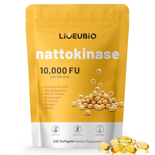 LIOEUBIO Nattokinase Supplement 10 000 FU 9-in-1 Formula with Serrapeptase Bromelain CoQ10 Turmeric & White Willow Bark 240 Softgels