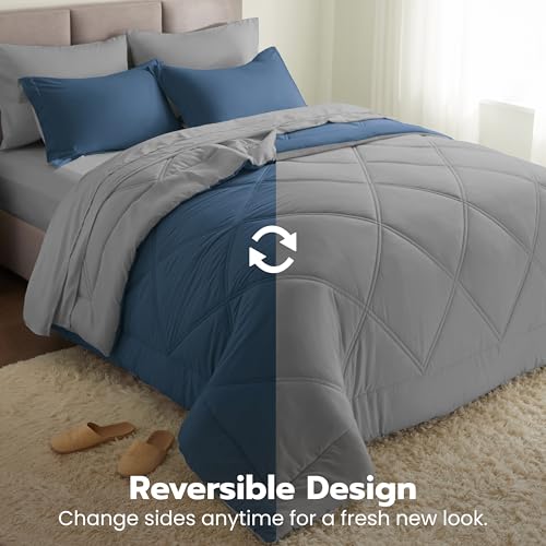 Joiedomi Full Size Comforter Set with Sheets Navy Blue, 7 Pieces Full Size Bed Set with 1 Down Alternative Comforter, 1 Flat Sheet, 1 Fitted Sheet, 2 Pillowcases and 2 Pillow Shams, Bed in a Bag by Joiedomi - Used condition - Image 7