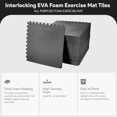 BalanceFrom Puzzle Exercise Mat 1/2" Thick, EVA Interlocking Foam Floor Tiles for Home Gym, Mat for Home Workout Equipment, Floor Padding for Kids, Black, 24 in x 24 in x 1/2 in, 144 Sq Ft - 36 Tiles by BalanceFrom - Image 2