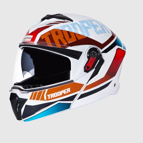 STUDDS Trooper DV D1 ISI and DOT Certified Gloss Finish Flip-up Full Face Helmet for Men and Women with Inner Sun Visor (White N2 XL)