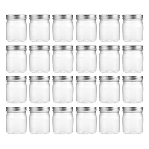 novelinks 8 oz Clear Plastic Jars with Airtight Lids, 24 Pack Plastic Mason Jars with Lids 8oz, Refillable Storage Slime Containers & Small Spice Jar for Kitchen Organization (24 Pack,Silver)