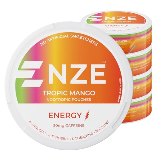 NZE Caffeine Nootropic Pouches (Tropic Mango) - Energy Pouches with 50mg Caffeine, Alpha GPC, L-Tyrosine & L-Theanine - No Sugar or Artificial Sweeteners - 15 Pouches Per Can - 5 Pack