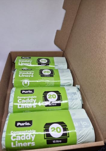 Purio Compostable Caddy Liners - 4 rolls of 20 bags. 15 litre capacity per bag