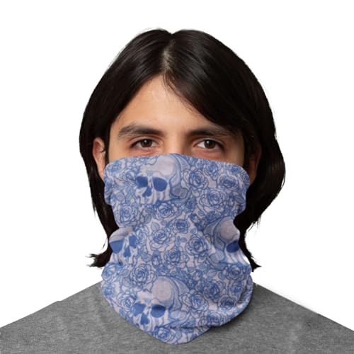 Sugar Skull Neck Gaiter Face Mask Bandana - Neck Gators Face Coverings for Men & Women (Light Pink with Blue Flowers)