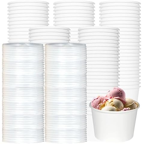 FISDEN 100 Pack Paper Soup Containers with Lids, 8 Oz Heavy Duty White Kraft Paper Bowls, Disposable Ice Cream Cups for Yogurt, Cold and Hot Foods Cover
