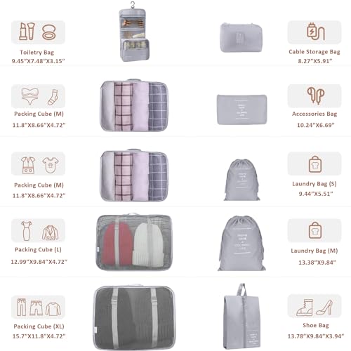 10 PCS Packing Cubes for Suitcase, Grey Waterproof Suitcase Organiser Bags Set, Travel Essentials Bag Travel Organiser Bags Storage Packing Cubes for Suitcases Backpack Carry On Luggage - Image 4