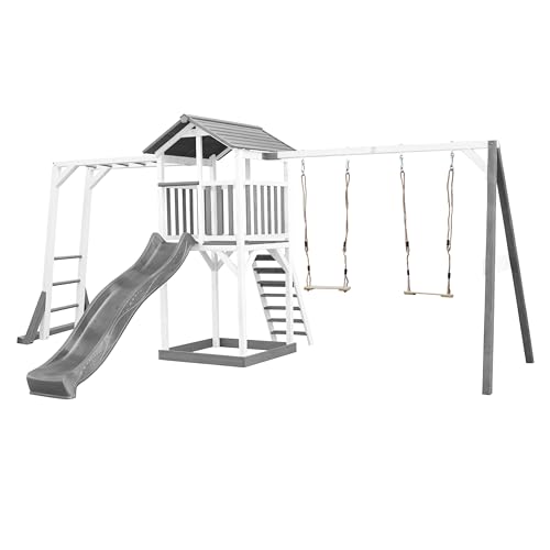 AXI Beach Tower Wooden Play Tower in Grey and White | Play tower with sandpit, climbing frame, Double Swing Set and grey slide | Play house on stilts for the garden
