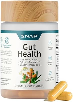 SNAP Gut Health Supplement – Turmeric, Aloe & Pylopass Probiotics – 17 Active Ingredients for Bloating Relief, Digestive Support & Healthy GI Tract – Dietary Supplement, 50 Capsules