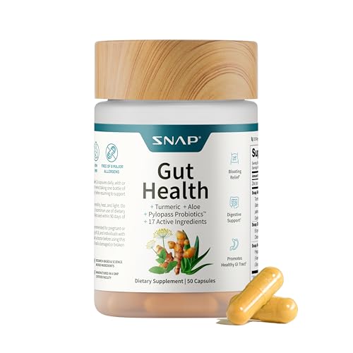 SNAP Gut Health Supplement – Turmeric, Aloe & Pylopass Probiotics – 17 Active Ingredients for Bloating Relief, Digestive Support & Healthy GI Tract – Dietary Supplement, 50 Capsules