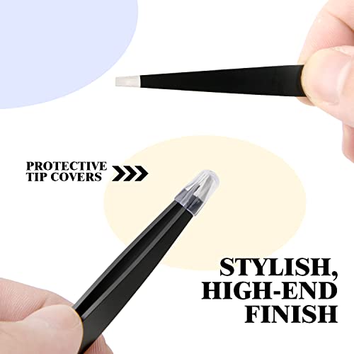Fivetas Stainless Steel Tweezers For Eyebrows-Flat Tweezer With Case For Women&Man,Great Precision On Brow,Facial Hair And Ingrown Hair Removal(Black) #TOP4