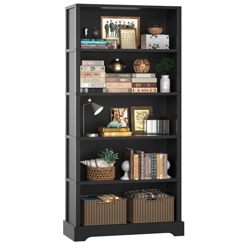 Image of TVU 5-Tier Wooden Bookshelf, 65 inch Tall Farmhouse Style Open Bookcase, 31.5 inch W Standing Book Shelf with Storage, Suitable for Study, Living Room, Office, Blcak