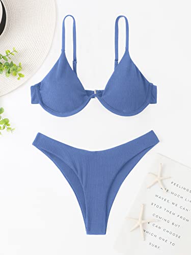 Verdusa Women's 2 Piece Triangle Bikini High Cut Bathing Suit Swimsuit Blue M #TOP4