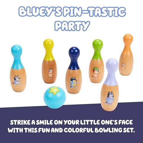 Image of Bluey Wooden Bowling Set, 6 Character Pins, Indoor & Outdoor