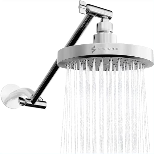 SparkPod Chrome High-Pressure Rain Shower Head with Matching 11" Shower Arm Extension - Control angle and height of your shower head for the Ultimate Experience Shower - 1-min Installation