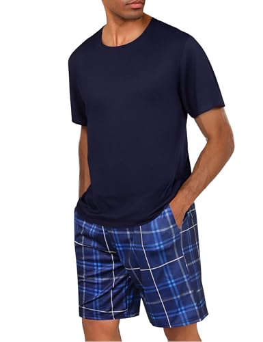 Uniexcosm Schlafanzug Herren Baumwolle Kurz Zweiteiliger Pyjama Set Nachtwäsche Kurzarm Oberteil und Karierte Schlafanzughose Hausanzug Sleepwear A:Marineblau XL