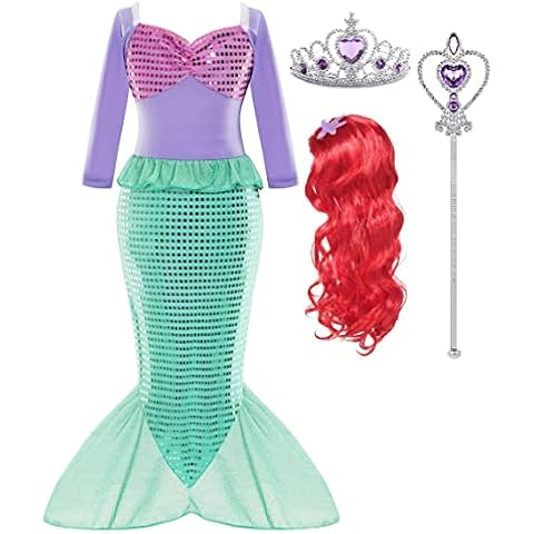 LURLEEZ Arie Costume For Girls Little Mermaid Dress Up Costume Arie Dress Age 3-8 With Wig Halloween Cosplay Birthday Party Cover