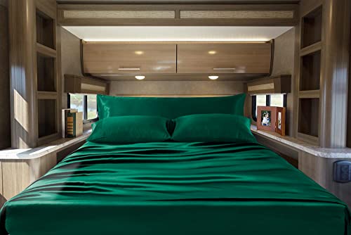 Entisn 5Pcs Rv Queen Sheets Set, Blackish Green Silky Satin Camper Sheet Sets With Body Pillow Cover, Breathable & Ultra Soft, Includes 10" Deep Pocket Fitted Sheet, 1 Flat Sheet, 3 Pillowcases #TOP9