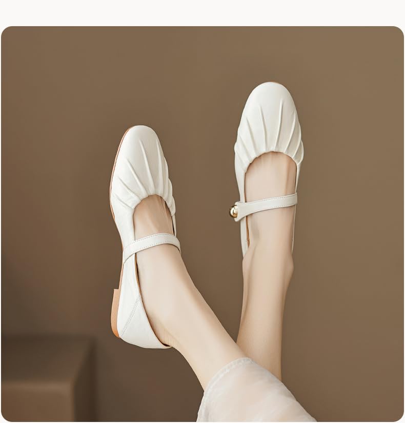 Womens Genuine Leather Mary Jane Shoes, Closed Round Toe Low Heel Flats with Buckle Straps Work Casual Dressy Slip On Shoes White3