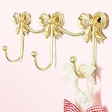 KYIAANY Gold Bow Hooks for Girls: Cute Triple Bows Hooks Wall Mount for Nursery Bedroom Bathroom for Hanging Towel Bag Robe Jewelry - Metal 3 Hooks Coquette Room Decor for Girly Daughter Kids Baby