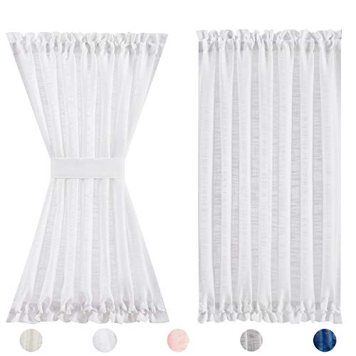 Fmfunctex Sheer Linen French Door Curtains White 72" Long Linen Textured Front Glass Door Panel Curtain Solid Privacy Sliding Door Curtain Set Tiebacks Attached 50" w 1 Pack