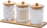 iZasky 3Pcs Qtip Holder Dispenser with Bamboo Lids Clear Acrylic Bathroom Jars with Tray for Makeup Cotton Swab Ball Reusable Storage
