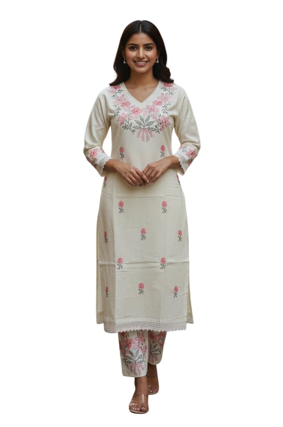 Women's Embroidered Kurta Set with Pants, Off-White, Floral Design, V-Neck, Long Sleeve-image-20