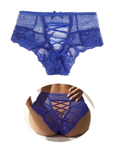 sunshinelady Sexy Lace French Knickers for Women Plus Size Sheer Mesh Briefs Cheeky Panties High Waist Womens Underwear Criss Cross Back Hipster Tanga Brazilian Knickers Blue 18