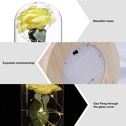 Uonlytech Enchanted Rose in Glass Dome with Lights, Beauty and the Beast Rose Artificial Flowers, Forever Rose for Valentines Day Mothers Day Anniversary Wedding Gifts, Yellow