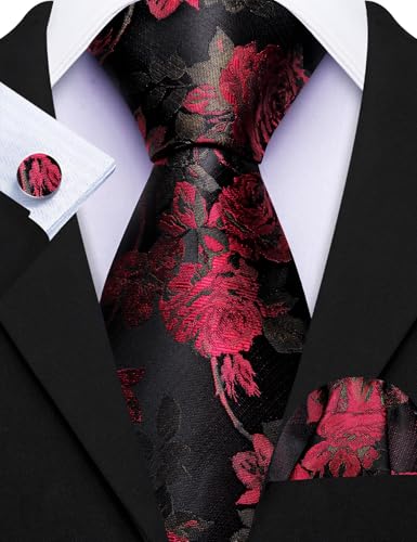 Image of Barry.Wang Flower Ties for Men Silk Woven Floral Tie Sets Necktie Handkerchief Cufflinks Wedding Party