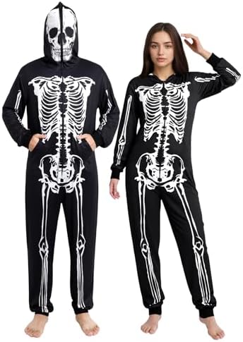 Halloween Skeleton Costume for Adults Full Body Jumpsuit with Hoo...