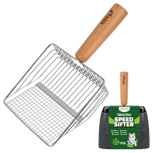 XBX Cat Litter Scoop with Holder, Heavy Duty Litter Sifter, Stainless Steel Litter Shovel, Litter Scooper with Beech Wood Grip and Washable Stand, Perfect for Cat Litter Box Cleaning