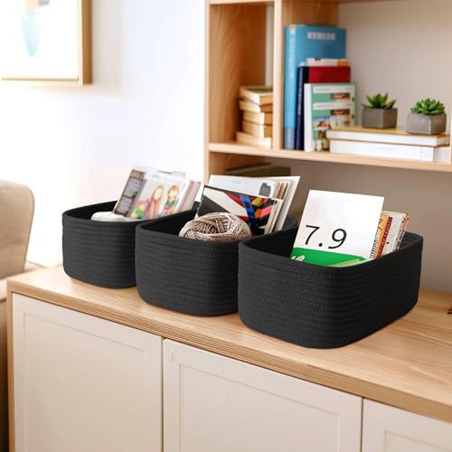 Image of MEGASKET Small Shelf Storage Baskets for Organizing, 3 Pack Mini Woven Storage Bins for Dog Toy, Book, Decorative Cotton Rope Nursery Closet Organizer, Gift Baskets Empty, 11.8 inchx7.9 inchx4.7 inch, Black