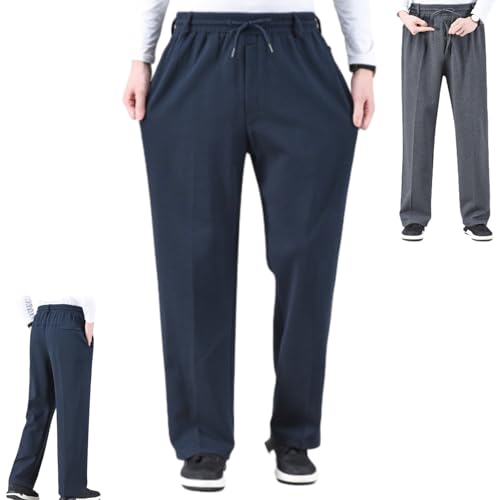 Pants for Elderly Men Elastic Waist, Comfortable Cotton Drawstring Pull-On Casual Pants for Seniors with Zip Pockets