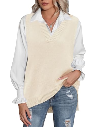 Zeagoo Sweater Vest Women Sleeveless V Neck Oversized Pullover Knitted Tops 2024 Fall Outfits Cream