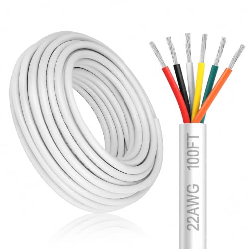 22 Gauge 6 Conductor Electrical Wire, 100FT/30M White Stranded 22/6 Tinned Copper PVC Cable, Extension Wire for LED Strip Lights, Automotive Wiring, Speaker, Alarm, Access Control