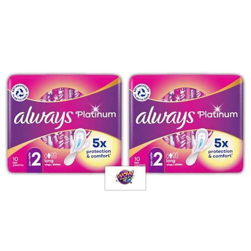 Platinum Sanitary Pads with Wings, Long Size 2 | 5X Comfort & Protection | Soft Wings, 3D LeakGuard & OdourLock | Bundle of 2 (10 Pads Each, 20 Total) - Alway