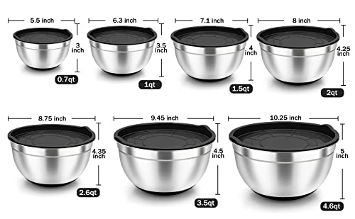 Teamfar Mixing Bowls, Stainless Steel Mixing Bowls With Lids, Black Nesting Salad Bowl With Air-Tight Lid & Silicone Bottom, Non Slip & Stackable - Set Of 7-4.6/3.5/2.6/2 / 1.5/1 / 0.7 Qt #TOP1