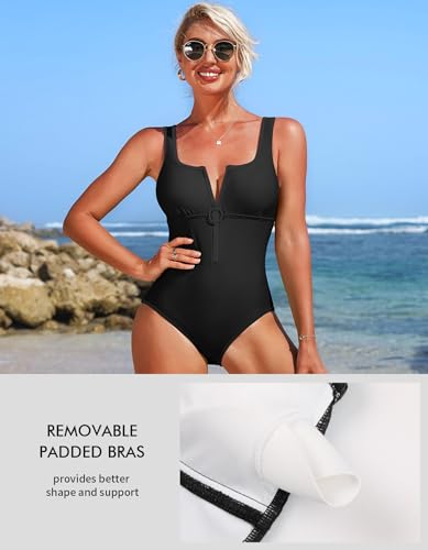 Charmo Women's One Piece Swimsuit Zipper Front Bathing Suits Square Round Neck Swimwear Low Back Monokini2