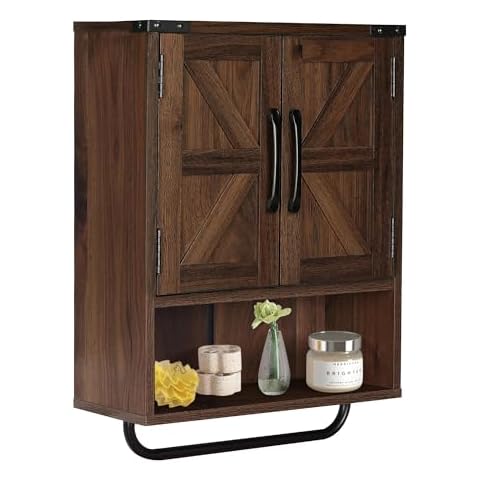 RUSTOWN Farmhouse Wall Storage Cabinet with Two Barn Door, Rustic Mounted Medicine Cabinet with Adjustable Shelf and Towel Bar, 3-Tier Wood Cabinet for Kitchen, Bathroom, Living Room (Dark Walnut) Cover