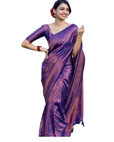 Image of SGF11 Women's Kanjivaram Soft Lichi Silk Saree With Blouse Piece (Purple)