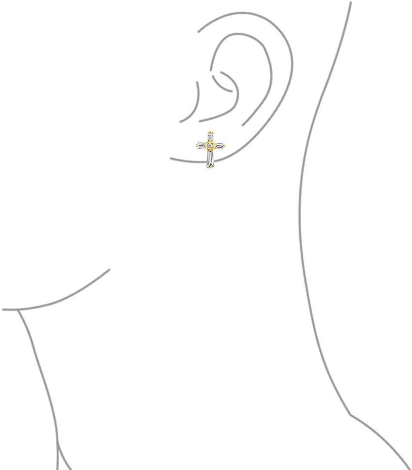 Bling Jewelry Accent CZ Baguette Small Petite Religious Cross Stud Earrings For Women Men Teens Yellow 14K Gold Plated .925 Sterling Silver