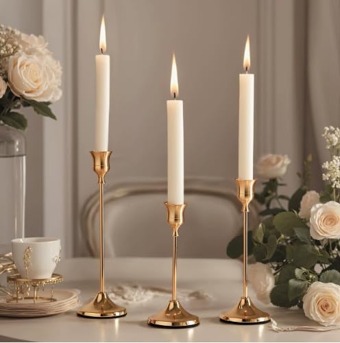 Eidoct Gold 3-Piece Candle Holder Set, Metal Candlestick Holders, Tapered Candle Holders, Antique Bronze Vintage Modern Decor, Metal Candlesticks For Home, Weddings, Parties, And Dinners