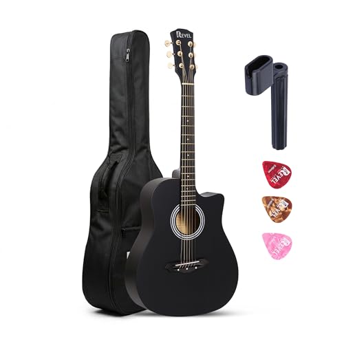 Image of Revel 38 Inch Acoustic Guitar Cutaway Wooden Guitar with High-Gloss Finish, Steel Strings, Smooth Tuning Pegs, Includes Carry Bag, Picks & Sting winder Guitar for Adults. (BLACK)