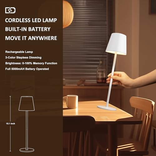 Image of Kakanuo Cordless Table Lamp, Battery Operated Lamp, Portable Desk Lamp, Wireless Rechargeable Lamp, 3 Color Stepless Small Table Lamp for Restaurant, Bar, Party, Camping and Bedroom - White