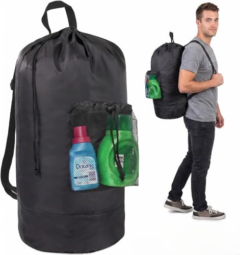 Trailmaker Laundry Bag Backpack for College Dorm, 115L Washable Laundry Hamper Bag, 32 x 14 Inch with Shoulder Straps, Mesh Pocket, Drawstring Closure for Apartment, Laundromat, Travel (Black)
