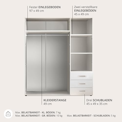 HARRY Kleiderschrank Weiß - Vielseitiger Drehtürenschrank 3-türig für Ihr Schlafzimmer - 150 x 176 x 51 cm (B/H/T)