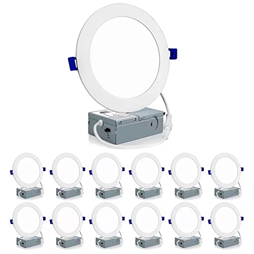 Meconard 12 Pack 6 Inch Ultra-Thin LED Recessed Ceiling Light with Junction Box, 3000K/4000K/5000K Selectable,12W=110W 1050LM High Brightness, Dimmable IC Rated Downlights, ETL and Energy Star Listed