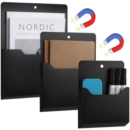 Patelai 3 Pcs Magnetic Wall File Holder Refrigerator Magnetic Locker Mail Organizer Wall Mount for File Cabinets Paper Magazine Pockets Storage Office(Multi Size,Black)