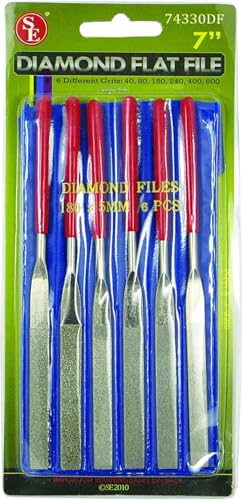 SE 74330DF 6-Piece Flat Diamond Grit File Set - Multi-Grit for Metals, Glass, Stones - 7" Length, 2" Diamond Surface, Round Handles - Includes PVC Pouch