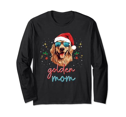Golden Retriever Mom indossa cappello di Babbo Natale e occhiali da sole di Natale Maglia a Manica